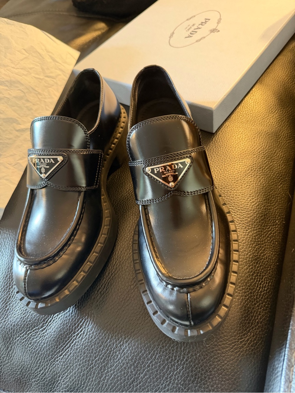Prada Black Patent Leather Logo Strap Loafers with Chunky Sole